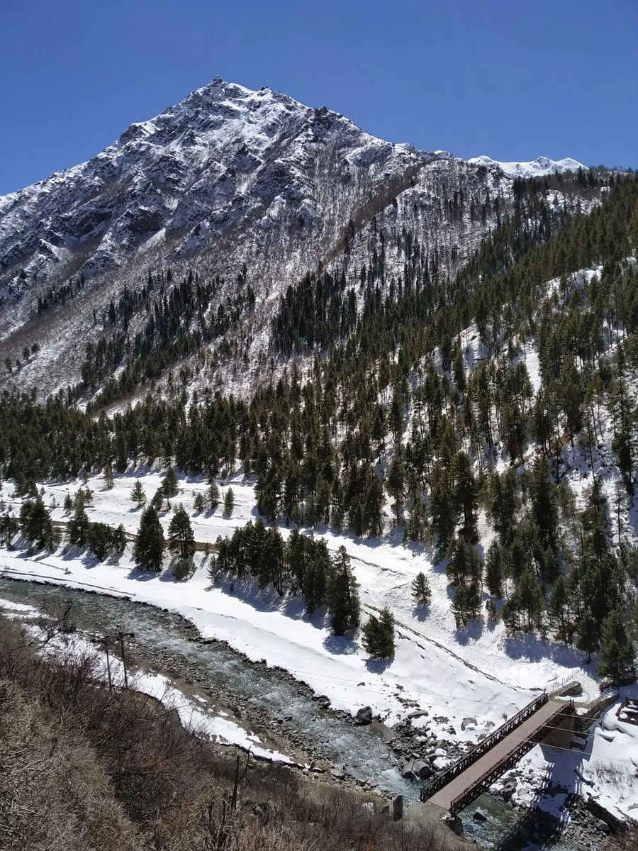 The Baspa Valley near Chitkul with snow peaks and a river